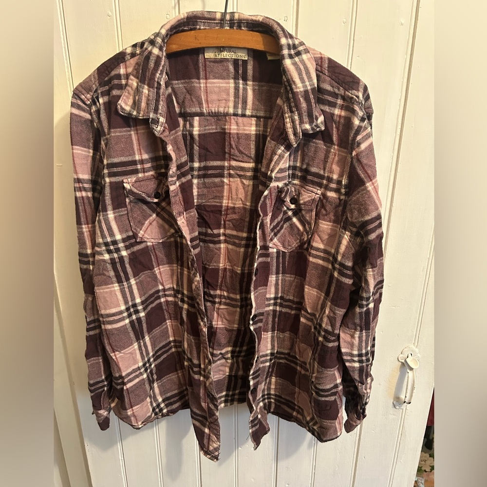 (3/$20) Natural Reflections 1x purple Plaid long sleeve button up flannel Shirt